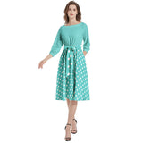 Teal Polky Boat Neck Belted Flared Dress