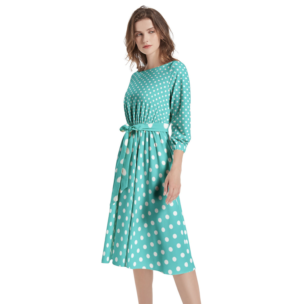 Teal Polky Boat Neck Belted Flared Dress