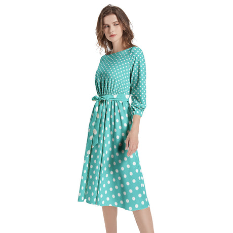 Teal Polky Boat Neck Belted Flared Dress