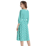 Teal Polky Boat Neck Belted Flared Dress