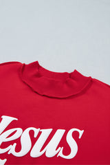 Mist Blue Jesus Saves Slogan Print Stand Neck Baggy Sweatshirt
