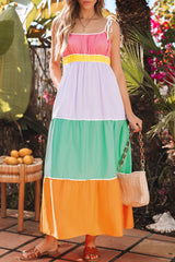 Multicolour Colorblock Self-tie Straps High Waist Flowy Maxi Dress with Pockets