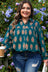 Green Plus Size Floral Print Contrast Lacy Trim Pleated Loose Shirt