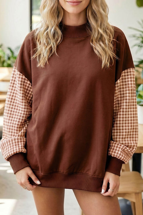 Dirty blue Plaid Sleeve Colorblock Loose Tunic Sweatshirt