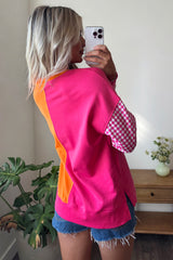 Rose Red Colorblock Gingham Sleeve Crewneck Sweatshirt