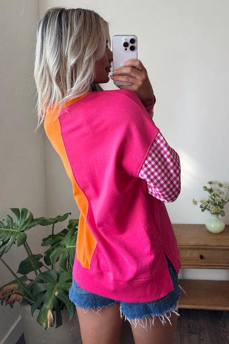 Rose Red Colorblock Gingham Sleeve Crewneck Sweatshirt
