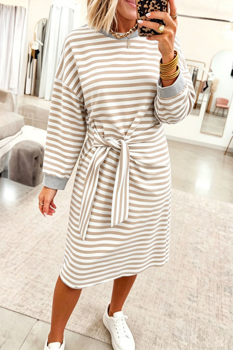Khaki Stripe Striped Colorblock Cuffs Round Neck Long Sleeve Shift Dress