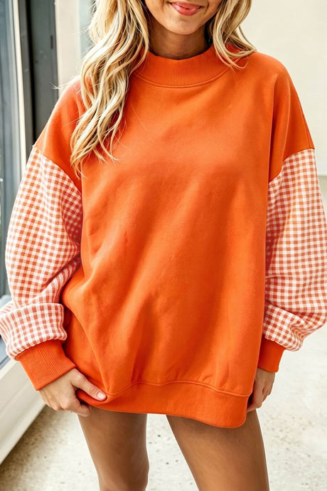 Dirty blue Plaid Sleeve Colorblock Loose Tunic Sweatshirt