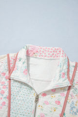 Multicolour Floral Quilted Metal Zipper Collar Long Sleeve Sweatshirt