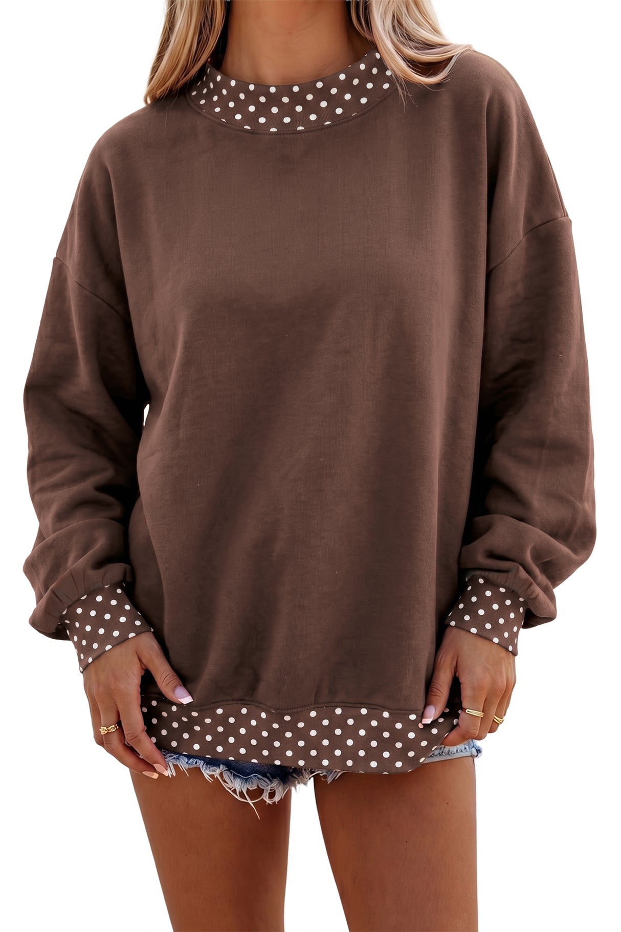 Burgundy Colorblock Polka Dot Contrast Trim Oversized Sweatshirt