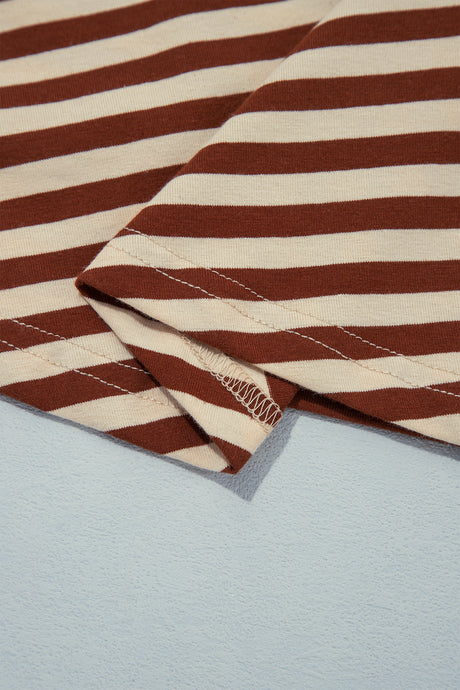 Khaki Stripe Striped Colorblock Cuffs Round Neck Long Sleeve Shift Dress