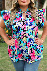 Blue Floral Flutter Sleeve Tied Notched Neck Plus Size Blouse