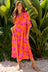Orange Floral Print Frilly Smocked V Neck 3/4 Sleeve Long Dress
