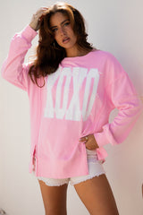 White Bow Sequin XOXO Letter Graphic Exposed Seam Baggy Sweatshirt