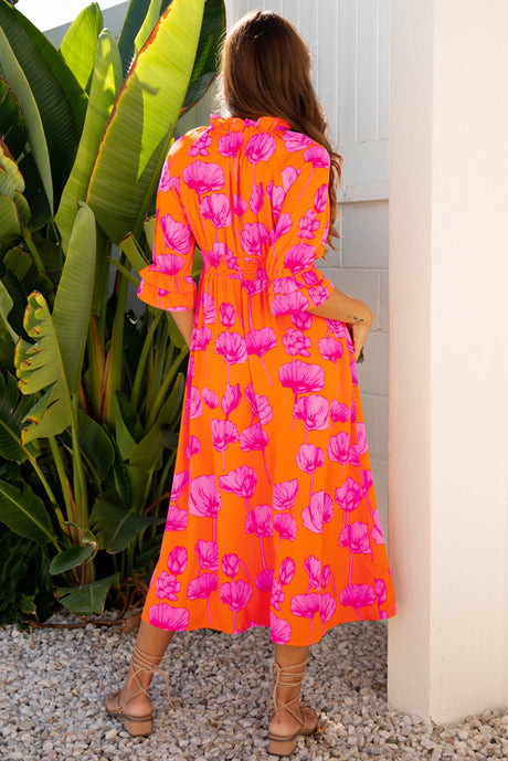 Orange Floral Print Frilly Smocked V Neck 3/4 Sleeve Long Dress