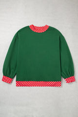 Dark Green Polka Dot Patchwork Round Neck Plus Size Sweatshirt
