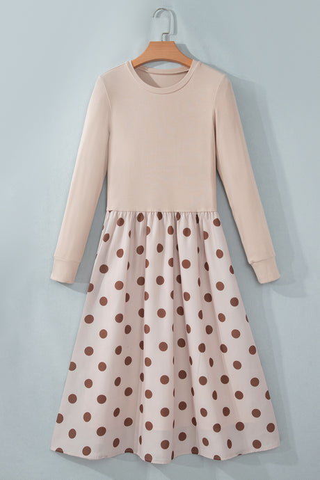 Beige Polka Dot Midi Long Sleeve Dress