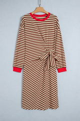 Khaki Stripe Striped Colorblock Cuffs Round Neck Long Sleeve Shift Dress