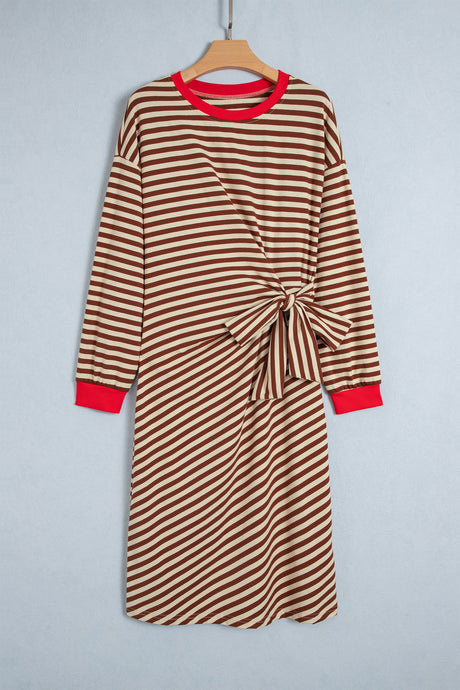 Khaki Stripe Striped Colorblock Cuffs Round Neck Long Sleeve Shift Dress