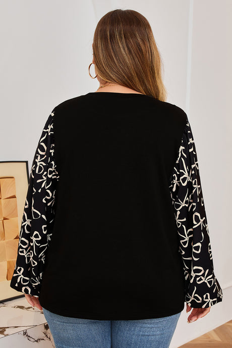 Black Bow Knot Patchwork Crewneck Plus Size Blouse