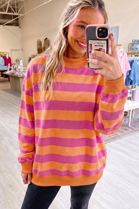 Brown Stripe Colorblock Mock Neck Relaxed Sweatshirt