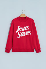 Mist Blue Jesus Saves Slogan Print Stand Neck Baggy Sweatshirt