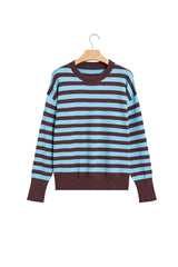 Brown Stripe Color Block Loose Crew Neck Cuffed Sweater