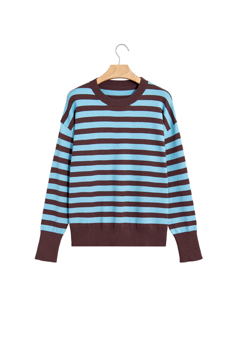 Brown Stripe Color Block Loose Crew Neck Cuffed Sweater