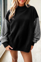 Dirty blue Plaid Sleeve Colorblock Loose Tunic Sweatshirt