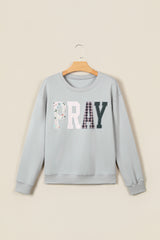 Gray Floral Buffalo Plaid Striped Embroidered Patch Western Pullover Sweatshirt