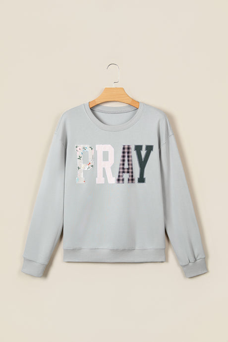 Gray Floral Buffalo Plaid Striped Embroidered Patch Western Pullover Sweatshirt