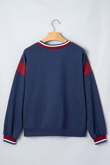 Sail Blue Patchwork Round Neck Long Sleeve Sweatshirt