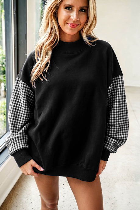 Dirty blue Plaid Sleeve Colorblock Loose Tunic Sweatshirt