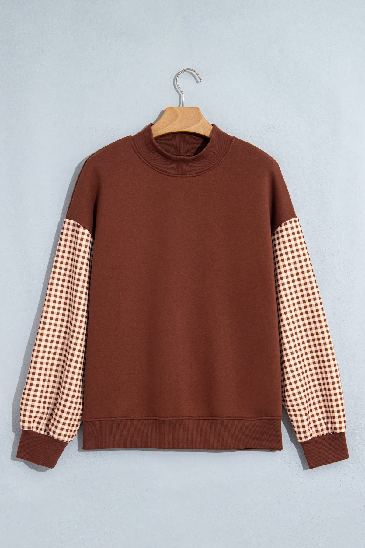 Dirty blue Plaid Sleeve Colorblock Loose Tunic Sweatshirt