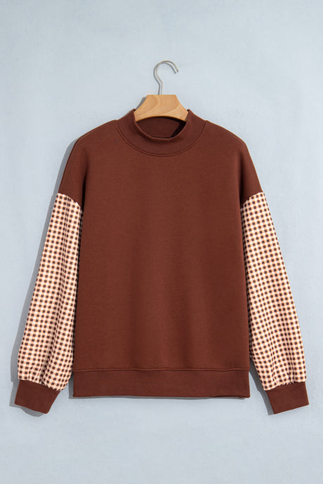 Dirty blue Plaid Sleeve Colorblock Loose Tunic Sweatshirt