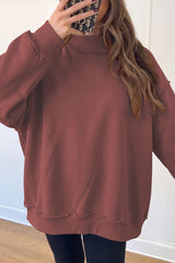Coffee Oversize Drop Shoulder Reversible Mock Neck Sweatshirt