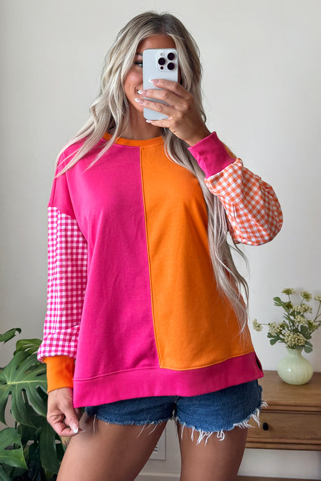 Rose Red Colorblock Gingham Sleeve Crewneck Sweatshirt