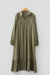 Four Leaf Clover Collared V Neck Smocked Detail Contrast Leopard Trim Bracelet Sleeve Long Dress