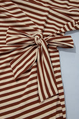 Khaki Stripe Striped Colorblock Cuffs Round Neck Long Sleeve Shift Dress