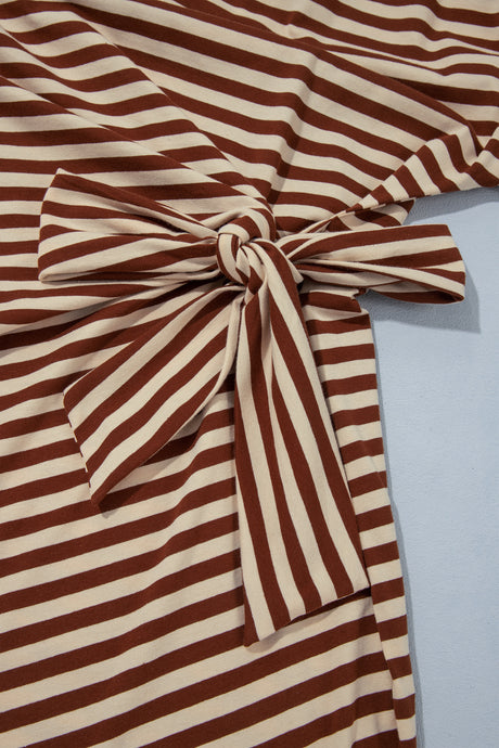 Khaki Stripe Striped Colorblock Cuffs Round Neck Long Sleeve Shift Dress