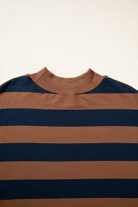 Brown Stripe Colorblock Mock Neck Relaxed Sweatshirt