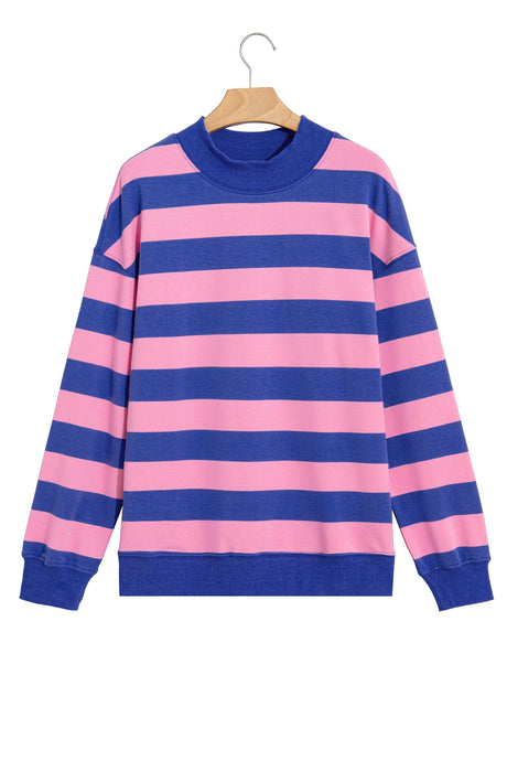 Brown Stripe Colorblock Mock Neck Relaxed Sweatshirt