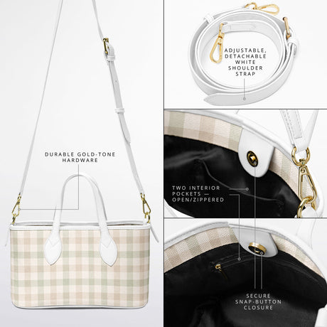 Spring Society™ Leather Tote – Spring Plaid Handbag | Pastel Plaid Purse | Feminine Leather Tote for Women