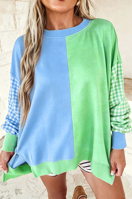 Rose Red Colorblock Gingham Sleeve Crewneck Sweatshirt