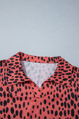 Red Leopard Print Long Sleeve V Neck Plus Size Midi Dress