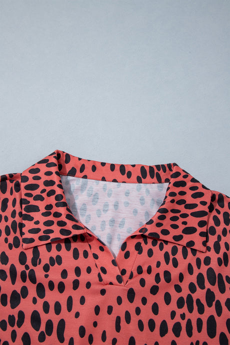 Red Leopard Print Long Sleeve V Neck Plus Size Midi Dress