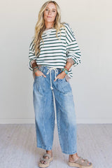White Stripe Twisted Ribbed Patchwork Drop Shoulder Round Neck Sweatshirt