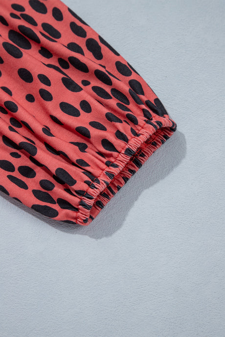 Red Leopard Print Long Sleeve V Neck Plus Size Midi Dress