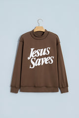 Mist Blue Jesus Saves Slogan Print Stand Neck Baggy Sweatshirt