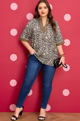 Brown Plus Size Leopard Print Crinkled Colorblock Patchwork V Neck Blouse
